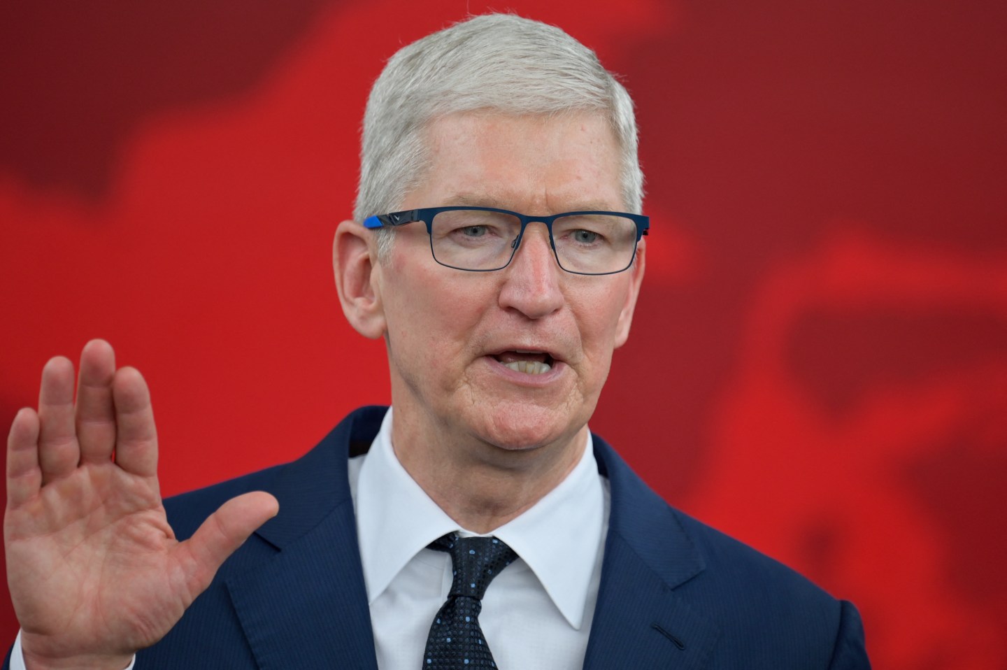 A photo of Apple CEO Tim Cook as he speaks to the press after meeting with Indonesia's President Joko Widodo at the Merdeka Palace in Jakarta on April 17, 2024. (Photo by BAY ISMOYO / AFP) (Photo by BAY ISMOYO/AFP via Getty Images)