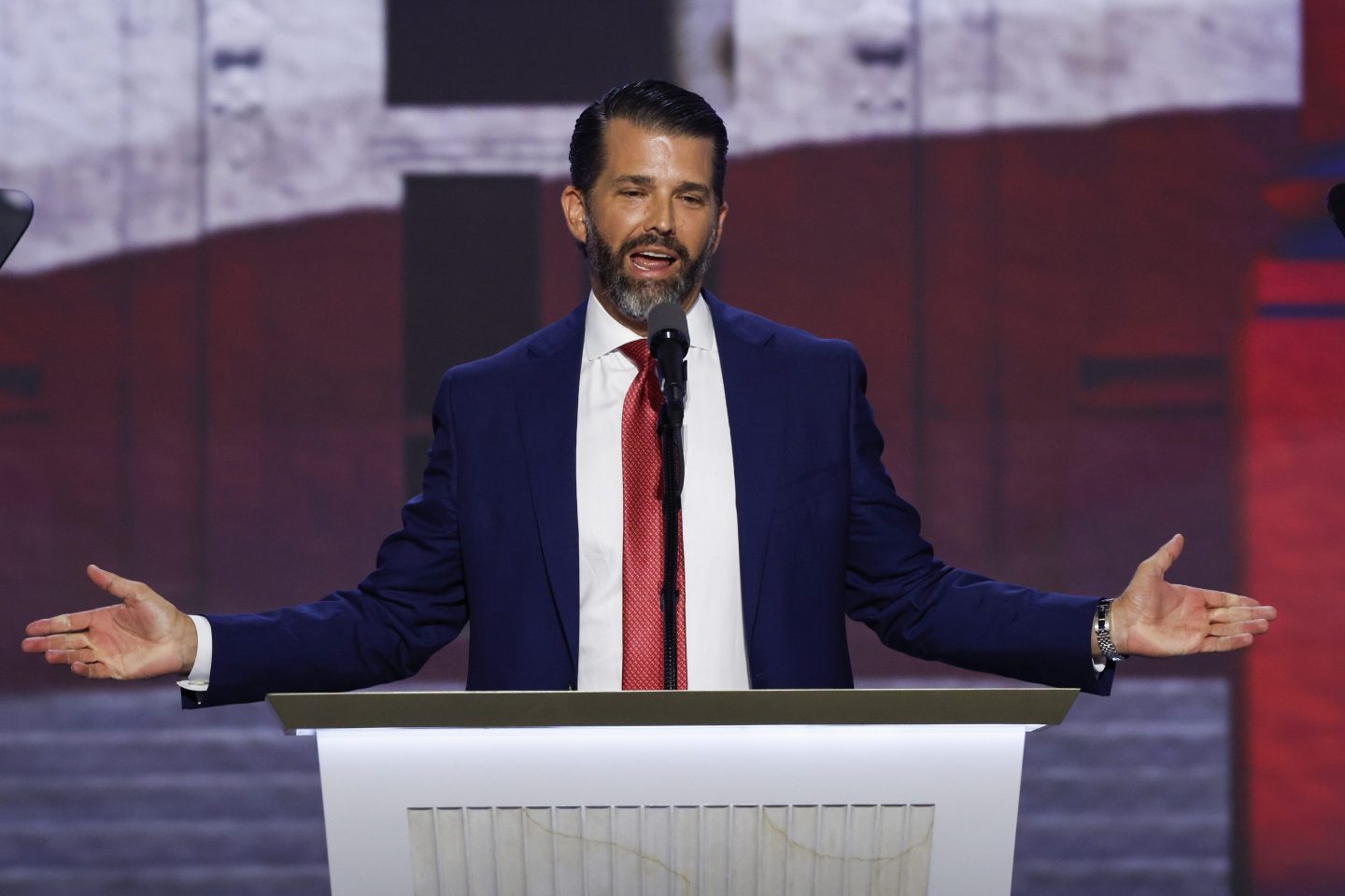 MILWAUKEE, WISCONSIN &#8211; JULY 17:  Donald Trump Jr., son of former U.S. President Donald Trump speaks on stage  on the third day of the Republican National Convention at the Fiserv Forum on July 17, 2024 in Milwaukee, Wisconsin. Delegates, politicians, and the Republican faithful are in Milwaukee for the annual convention, concluding with former President Donald Trump accepting his party&#8217;s presidential nomination. The RNC takes place from July 15-18.  (Photo by Chip Somodevilla/Getty Images)