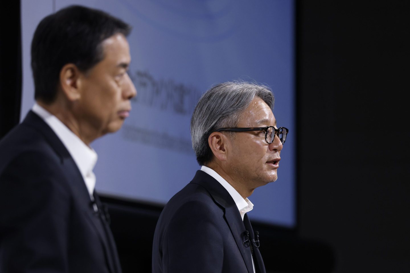 Toshihiro Mibe, chief executive officer of Honda Motor Co., right, speaks next to Makoto Uchida, chief executive officer of Nissan Motor Co., during a joint news conference in Tokyo, Japan, on Thursday, Aug. 1, 2024.