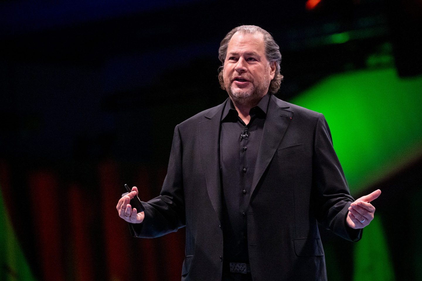 Marc Benioff, chief executive officer of Salesforce Inc., speaks during a keynote at the 2024 Dreamforce conference in San Francisco, California, US, on Tuesday, Sept. 17, 2024. Salesforce is unveiling a pivot in its artificial intelligence strategy this week at its annual Dreamforce conference, now saying that its AI tools can handle tasks without human supervision and changing the way it charges for software. Photographer: David Paul Morris/Bloomberg via Getty Images