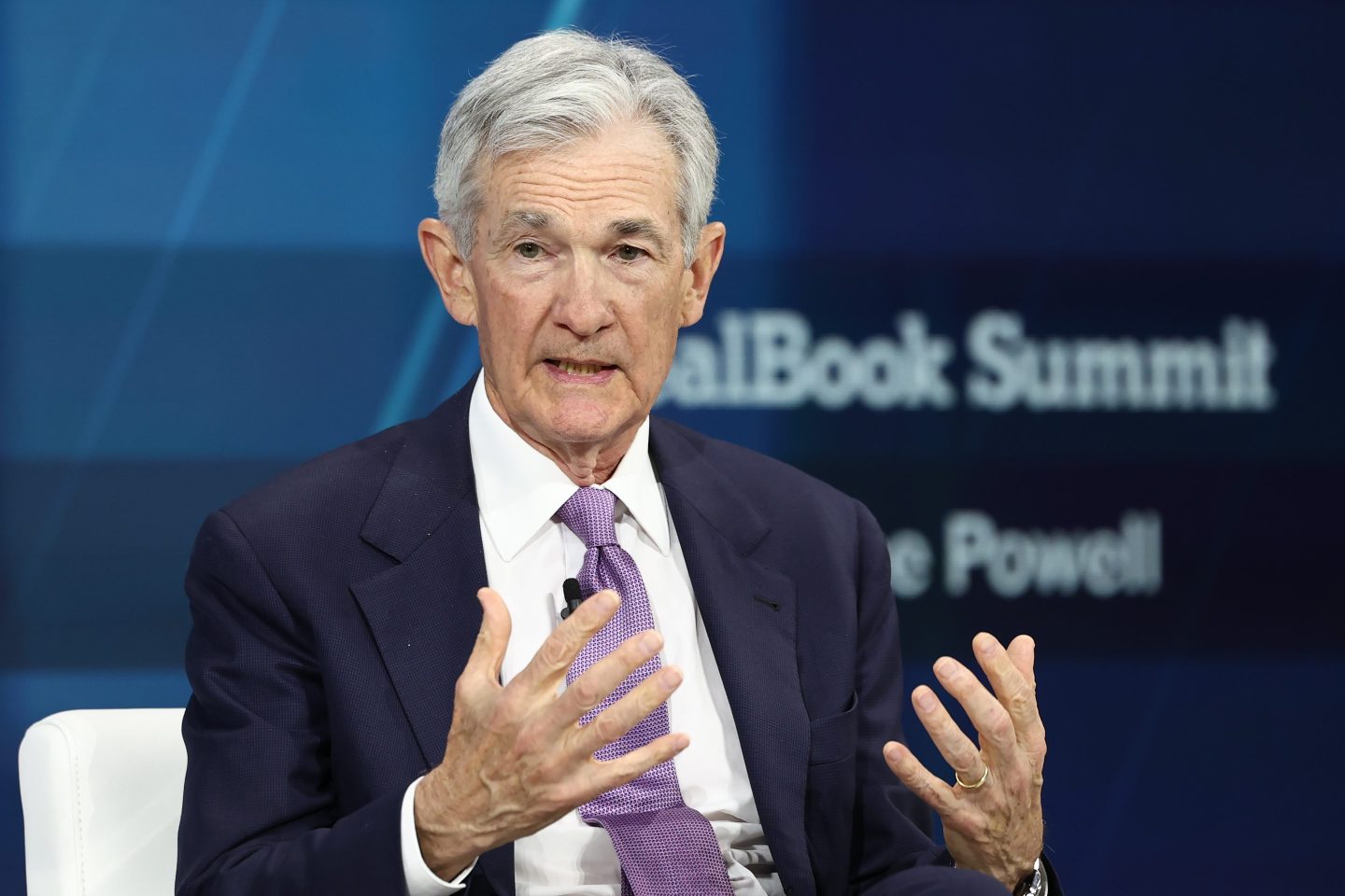 NEW YORK, NEW YORK &#8211; DECEMBER 04: Federal Reserve Chairman Jerome Powell speaks during the New York Times annual DealBook summit at Jazz at Lincoln Center on December 04, 2024 in New York City. The NYT summit with Andrew Ross Sorkin returns with interviews on the main stage including Sam Altman, co-founder and C.E.O. of OpenAI, Jeff Bezos, founder and executive chairman of Amazon and owner of the Washington Post, former U.S. President Bill Clinton and Prince Harry, The Duke of Sussex, among others. The discussions will touch on topics such as business, politics and culture. (Photo by Michael M. Santiago/Getty Images)