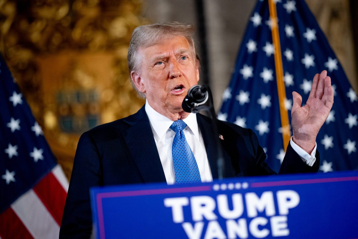 PALM BEACH, FLORIDA &#8211; DECEMBER 16: U.S. President-elect Donald Trump speaks at a news conference at Trump&#8217;s Mar-a-Lago resort on December 16, 2024 in Palm Beach, Florida. In a news conference that went over an hour, Trump announced that SoftBank will invest over $100 billion in projects in the United States including 100,000 artificial intelligence related jobs and then took questions on Syria, Israel, Ukraine, the economy, cabinet picks, and many other topics. (Photo by Andrew Harnik/Getty Images)