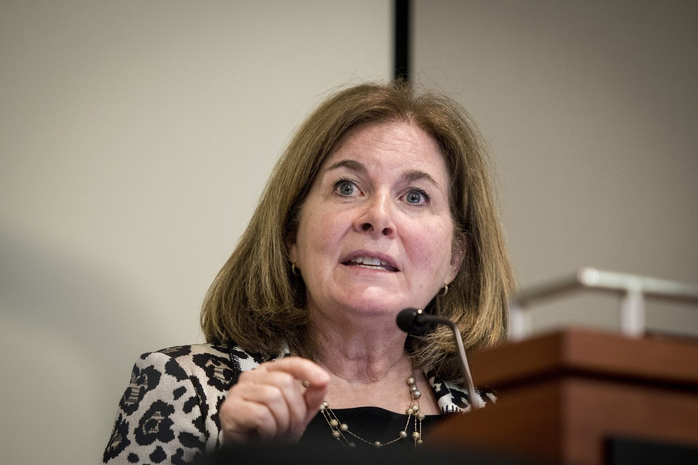 Esther George, president and chief executive officer of the Kansas City Federal Reserve Bank, speaks during the Federal Reserve Bank Of Chicago&#8217;s Annual Payments Symposium in Chicago, Illinois, U.S., on Wednesday, Oct. 12, 2016. George said &#8220;dynamic, persistent and escalating threats are challenging public confidence in the U.S. payment system.&#8221; Photographer: Christopher Dilts/Bloomberg via Getty Images