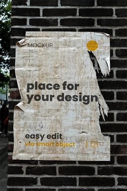 Vertical Paper paste on Brick Wall Mockup