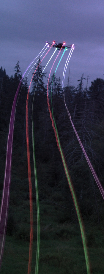 Freefly Robotics sensors being used to create rainbow long exposure drone photography in a helix pattern