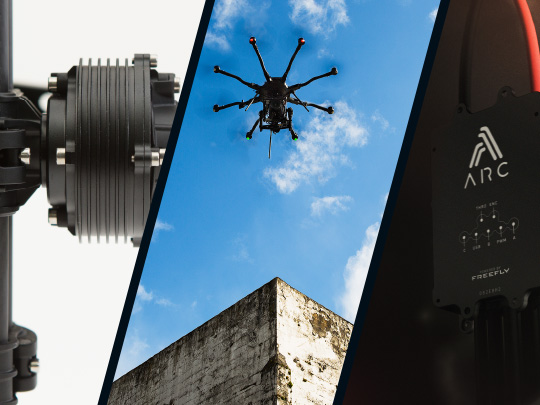 Triptych of Freefly Robotics technology in use in a camera stabilizer, a drone and the arc200 motor drive