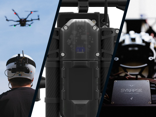 Triptych showing Freefly Robotics sensors in use in drone piloting, MōVI Pro camera stabilizer and Synapse auto pilot technology