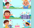 Banner Set of Happy Babies Play Together