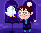 Sorcerer Boy Play with a White Owl