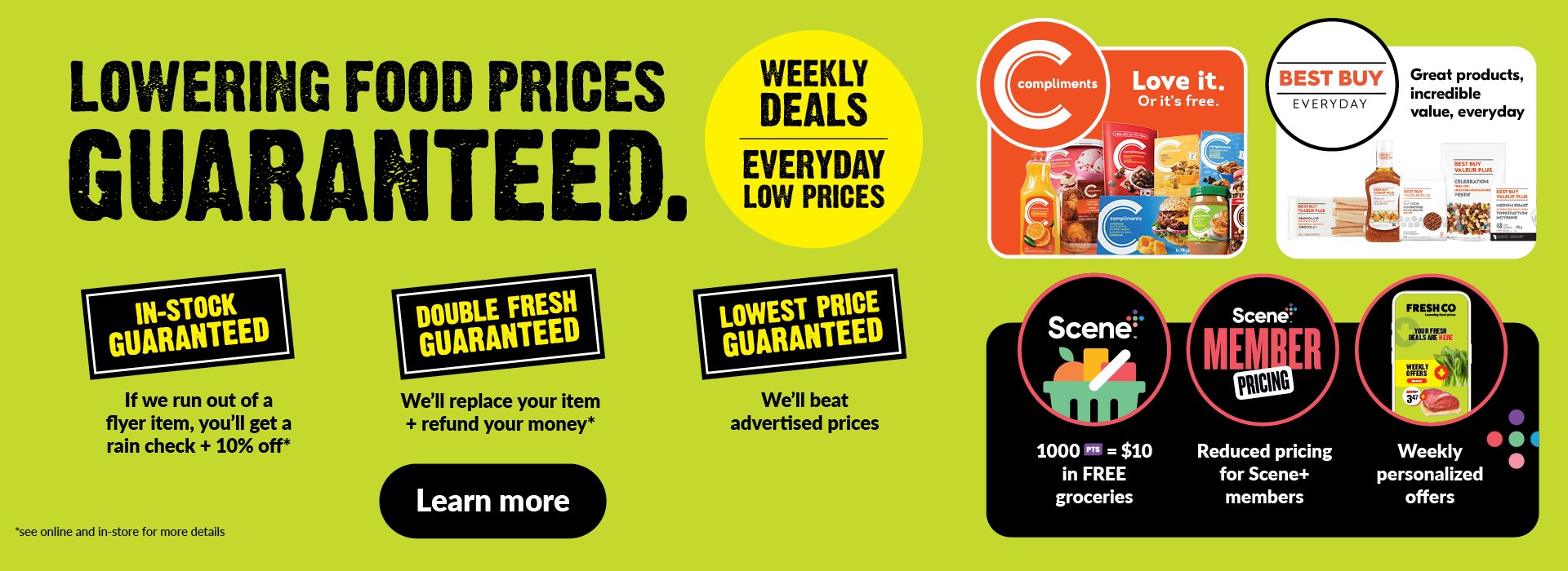 The following image consists of the text, "LOWERING FOOD PRICES GAURENTEED. WEEKLY DEALS, EVERYDAY LOW PRICES. In-Stock gaurenteed, Double Fresh Gaurenteec, Lowest price gaurenteed. Learn more."