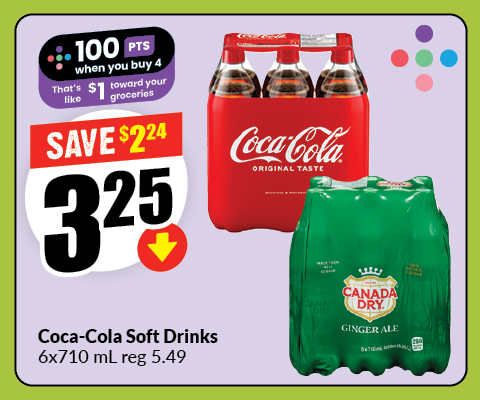 The following image contains the text, "Coca-Cola soft drink 6*710 ml Regular price $5.49. 100 points when you buy 4; that's like $1 towards your groceries. Get them at just $3.25 and save up to $2.24."