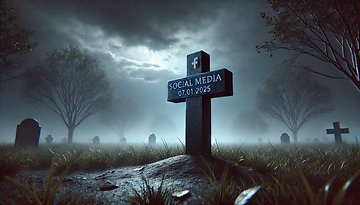 A gravestone labeled 'SOCIAL MEDIA 07.01.2025' with a Facebook logo in a foggy graveyard.