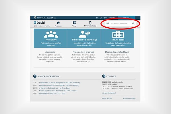  Prva stran storitvenega portala eDavki. Označeno je tudi mesto iskalnika.