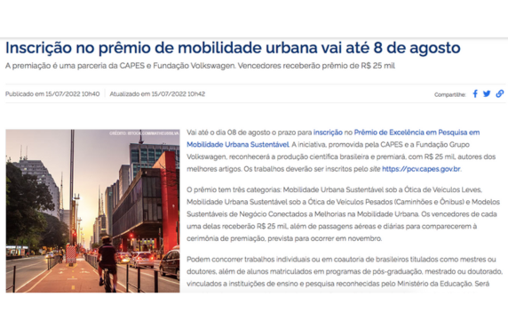 Inscrição no prêmio de mobilidade urbana vai até 8 de agosto