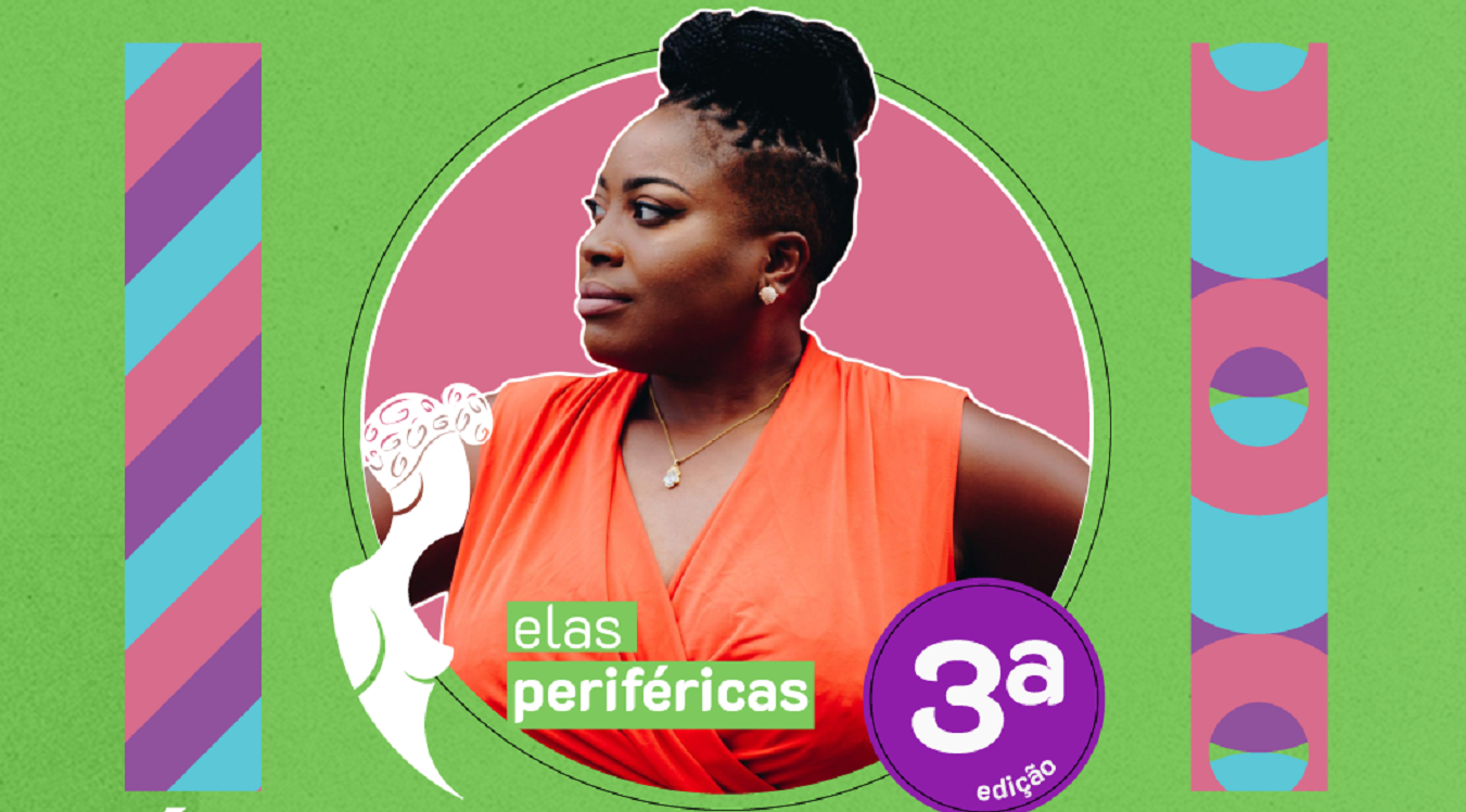 A imagem, que tem fundo verde, contém a identidade visual do 3° Elas Periféricas. O logo do edital está ao centro e contém a foto de uma mulher negra, cuja foto está sobre uma esfera cor-de-rosa, e na qual está o desenho de outra mulher negra - no caso, a silhueta - e a informação "Elas Periféricas 3a Edição". A ilustração contém também detalhes gráficos nas cores azul, rosa e lilás, que formam duas faixas verticais - uma à esquerda e outra à direita.