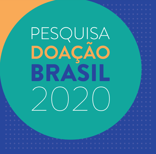 Logo da Pesquisa Doação Brasil 2020. A imagem tem predominância de um círculo na cor azul-turquesa, dentor do qual está o título do estudo - legível nas cores branco, amarelo e azul. A arte contém também detalhes nas cores amarelo e azul.