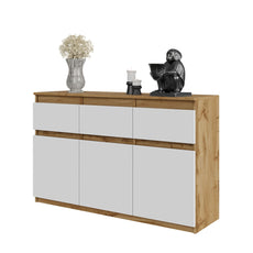 NOAH - Chest of 3 Drawers and 3 Doors - Bedroom Dresser Storage Cabinet Sideboard - Wotan Oak / White Matt H75cm W120cm D35cm