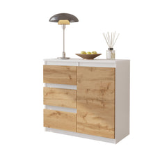 MIKEL - Chest of 3 Drawers and 1 Door - Bedroom Dresser Storage Cabinet Sideboard - White Matt / Wotan Oak H75cm W80cm D35cm