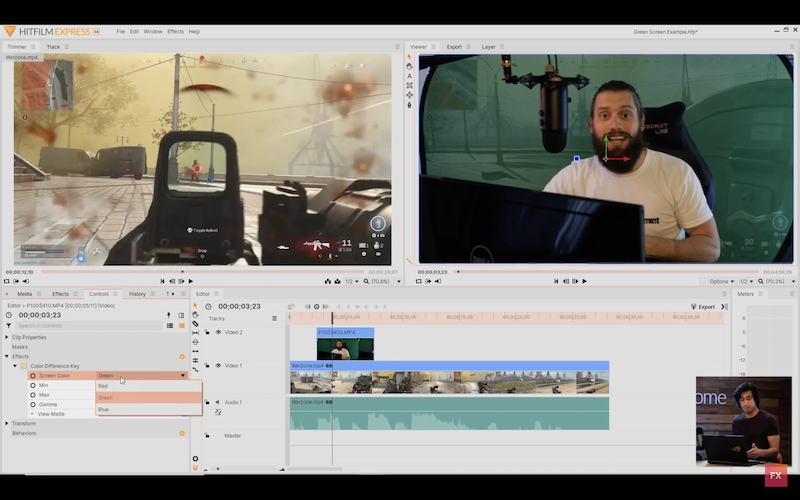 Screenshot of the HitFilm Express video editor showing a color difference key effect
