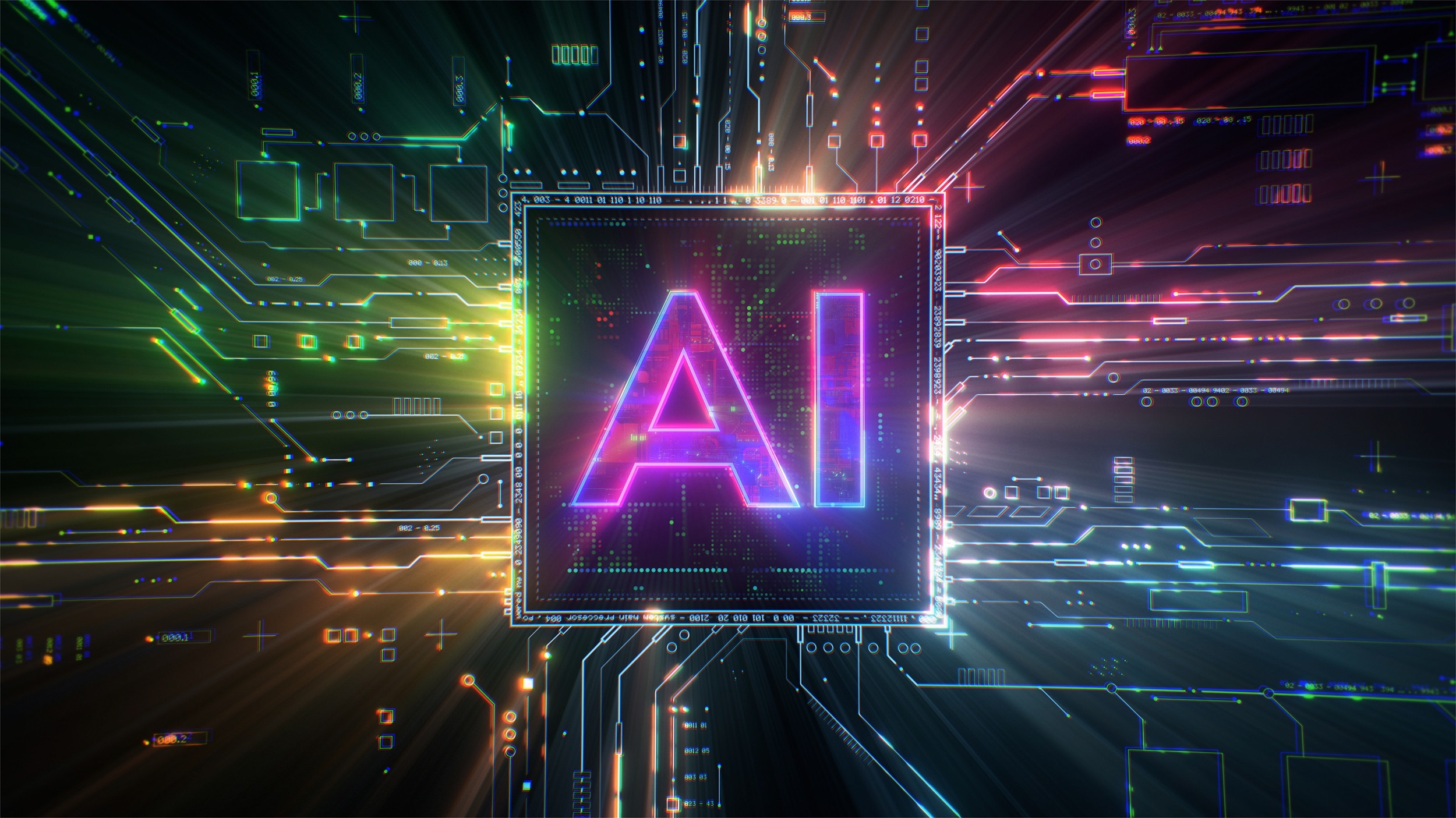 Flourescent letters AI centered above a multicolored virtual circuit board.