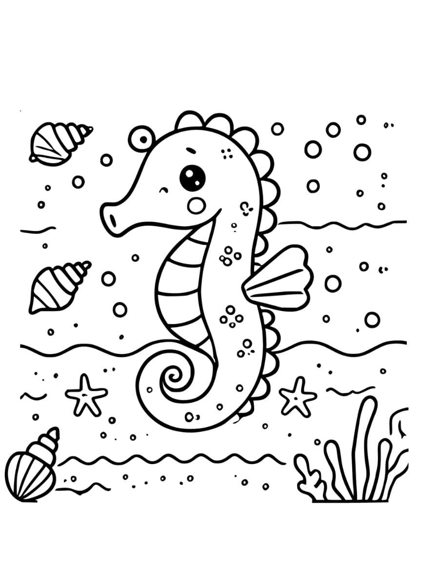 A seahorse with seashells and waves coloring pages