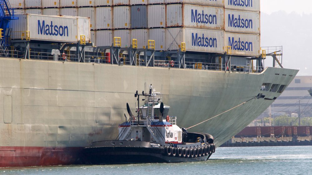 Matson ship with tug assitance in Port of Oakland