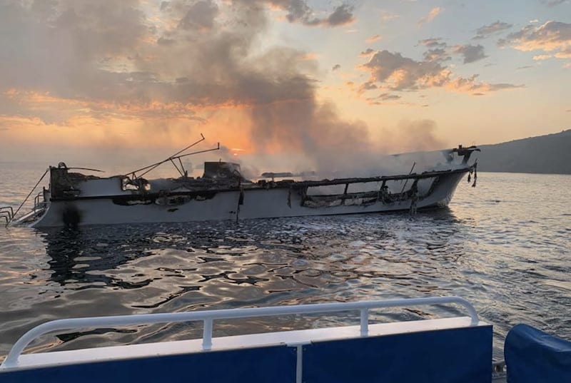 The commercial dive boat Conception at sunrise prior to sinking, September 2, 2019. (Source: Ventura County Fire Department)