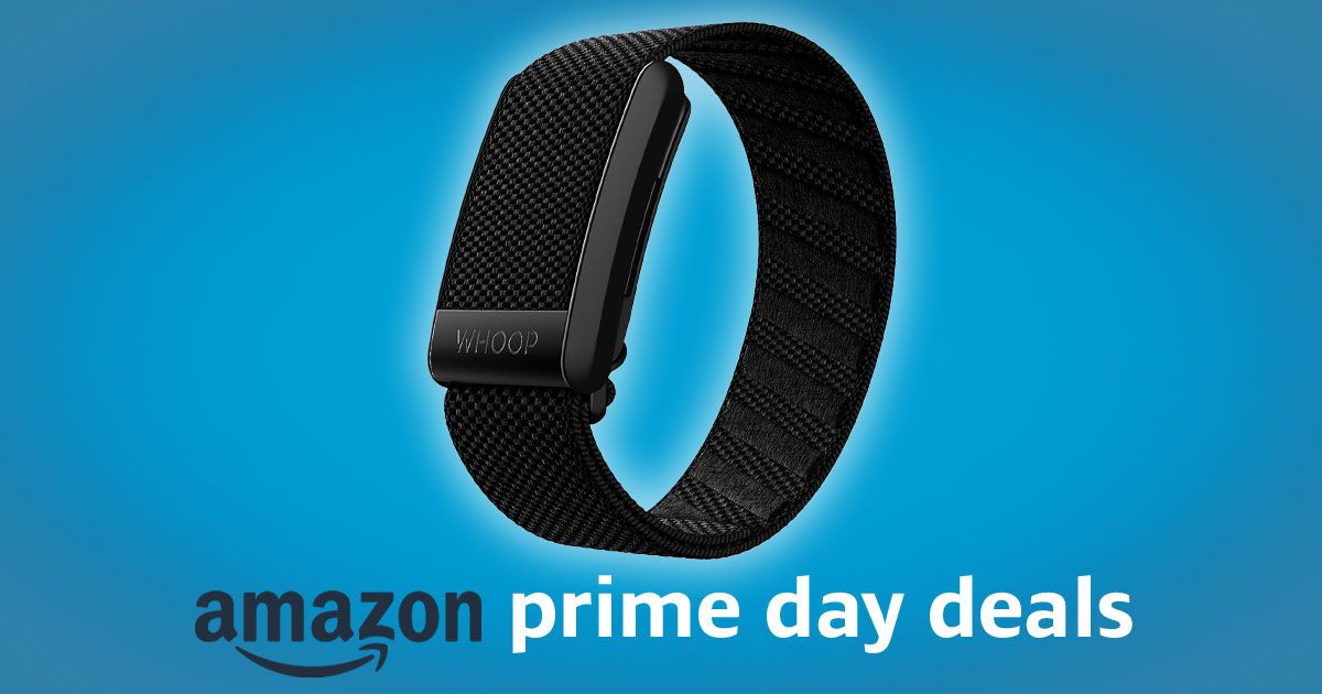 A black fabric fitness tracking band in front of a blue background and above Amazon Prime Day Deals branding in navy and white.