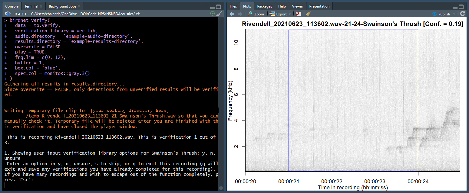 Illustration of outputs when using the function birdnet_verify. Left side of image shows interactive RStudio interface used for verification, right side depicts spectrogram of detected event to be verified, with a blue border showing the time boundaries of the detection.