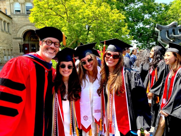 Cornell graduation 2023: (L to R) Enrique Vila-Biaggi '94, MEng '95, P '20, '23, '27; Paola Diaz ’23; Eleni Gianulis ’23; and Enrique’s daughter Veronica Vila ’23, MEng ‘24