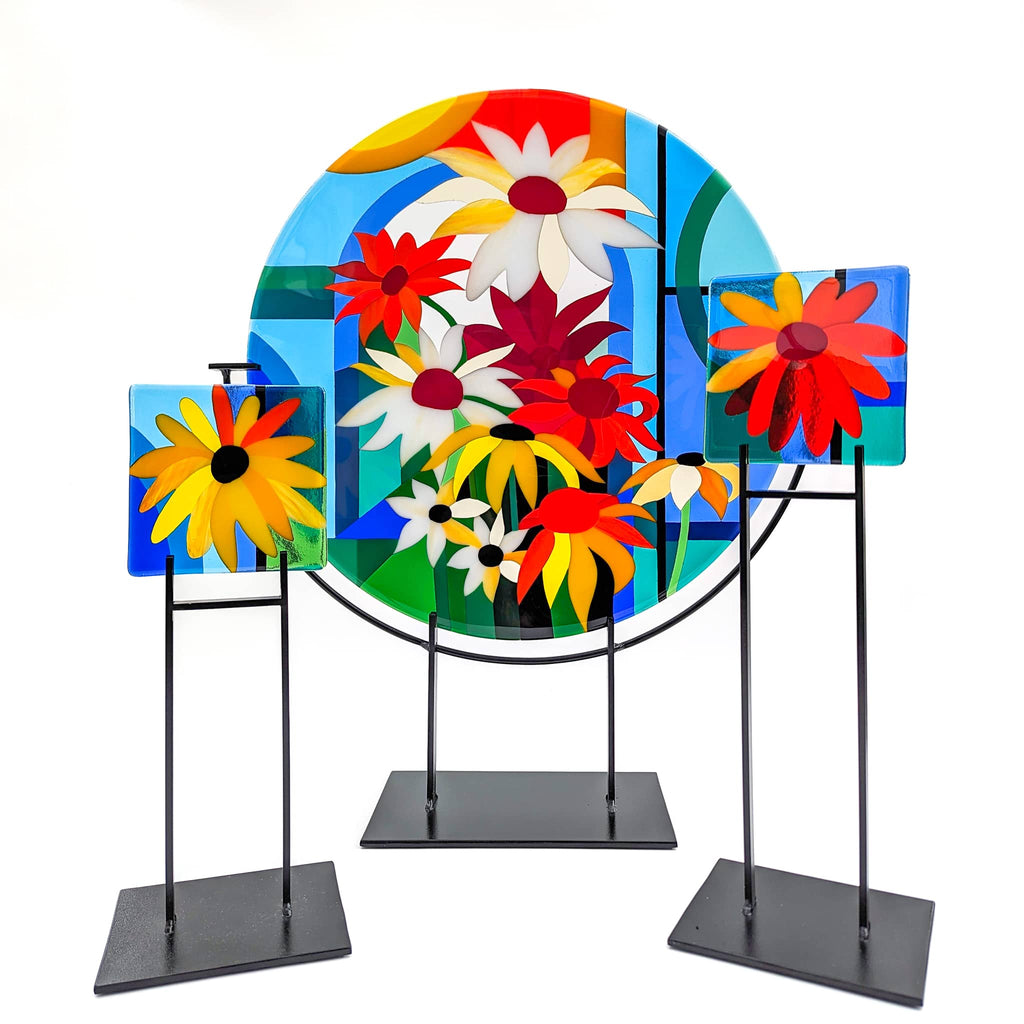 Abundance large round fused glass art sculpture with 2 miniature glass artworks by Glass Art by Linda. Fused glass artwork in the Hard Edge glass art style