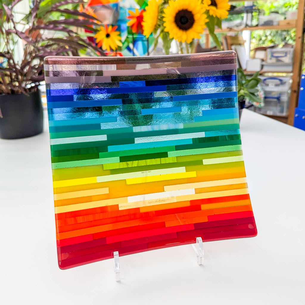 Large rainbow stripes fused glass dish