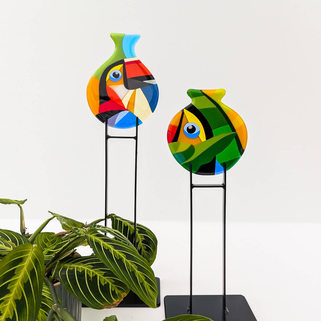 Toucans: Fused glass art miniatures in the Hard Edge glass art style. Complete with steel stands