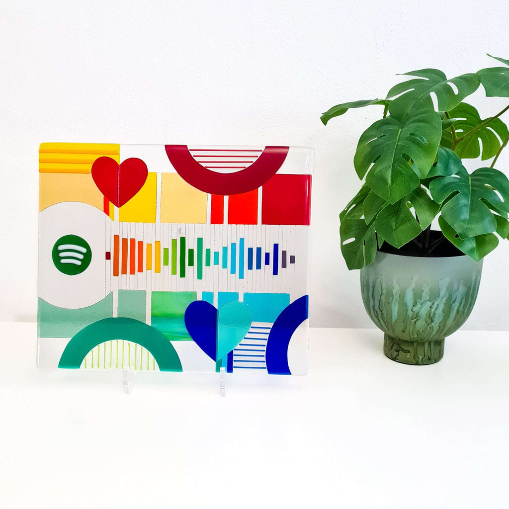 Spotify music code glass art in handmade fused glass, a unique waveform glass panel