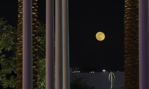 La nuit tombe sur la Conférence des Nations Unies sur les changements climatiques à Expo City, à Dubaï.