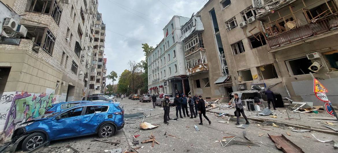 Residents access the damage following attacks in the city center of Kharkiv, Ukraine. (file)