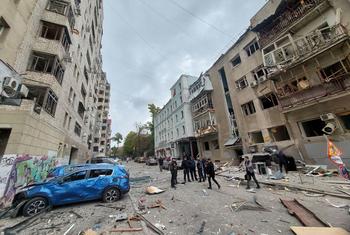 Residents access the damage following attacks in the city center of Kharkiv, Ukraine. (file)