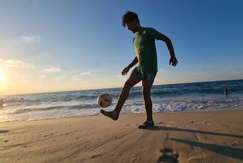 Mohamed Abu Jalda practices on the beach in the southern Gaza Strip.