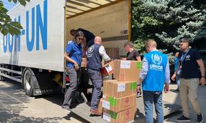 The UN delivers aid to Bilozerka, Kherson region in June 2023.