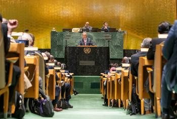 UN Secretary-General António Guterres (at podium) addresses the opening of 78th session of the General Assembly annual debate. (file)