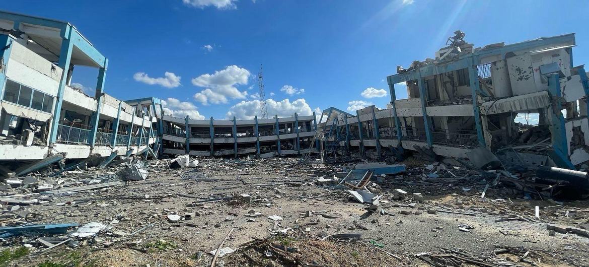 Nearly 190 UNRWA installations, many sheltering displaced people, have been damaged or destroyed during the conflict. Pictured here, the remains of an UNRWA school.