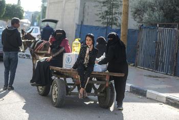 Women in Gaza transport food parcels distributed by WFP. (file)