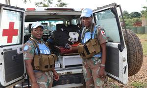South African medical personnel serving with MONUSCO take part in a female engagement patrol to gather information on the security situation facing the local civilian population.