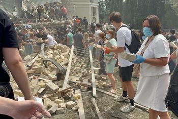 Rescue operations at the site of the morning attack in Ukraine’s capital, Kyiv.