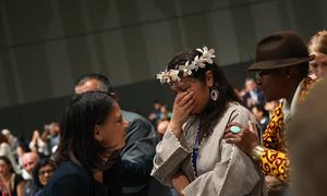 Moriana Philip, a representative from Marshall Islands, in tears during the closing plenary at COP28 in Dubai, UAE.