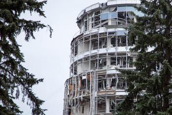 Damage to a building in the city of Kharkiv, close to the frontline and the Russian border. Civilian infrastructure has been heavily damaged amid frequent strikes in recent weeks.