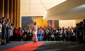 The UN Guided Tours unit celebrates its 70th anniversary with a fashion show of different uniforms worn over seven decades, as well as traditional outfits showcasing the diverse nationalities and backgrounds.