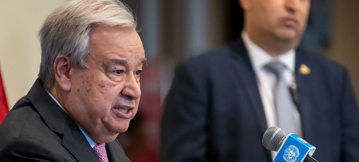 Secretary-General António Guterres speaking at the press stakeout.