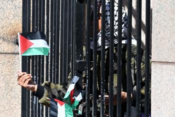 Protesters demonstrate outside the Columbia University campus in New York City.