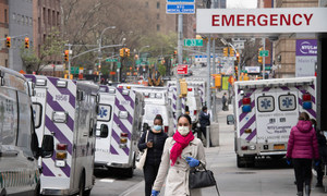 Ambulances line up outside Bellevue Hospital in New York City as part of the coronavirus response.